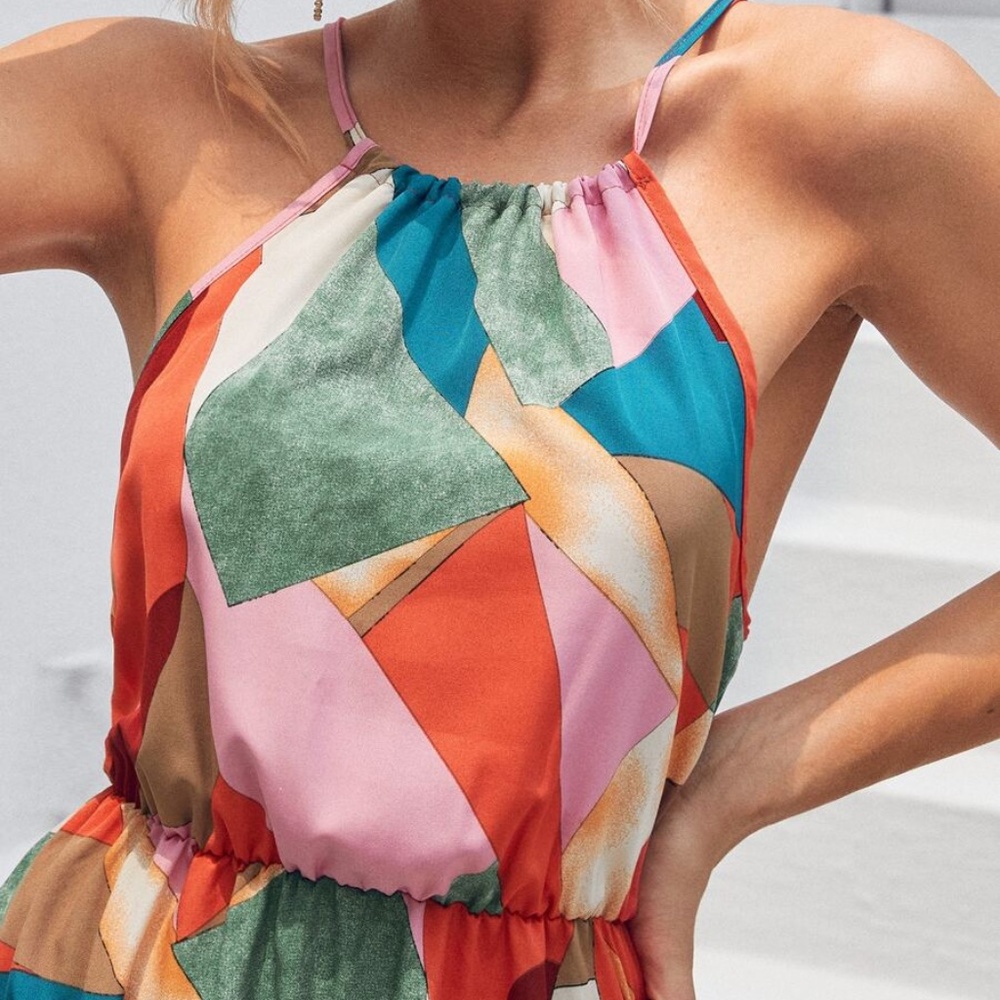Boho Pink Multicolor Ruffle Hem Halter Maxi Dress - Picture 3 of 4